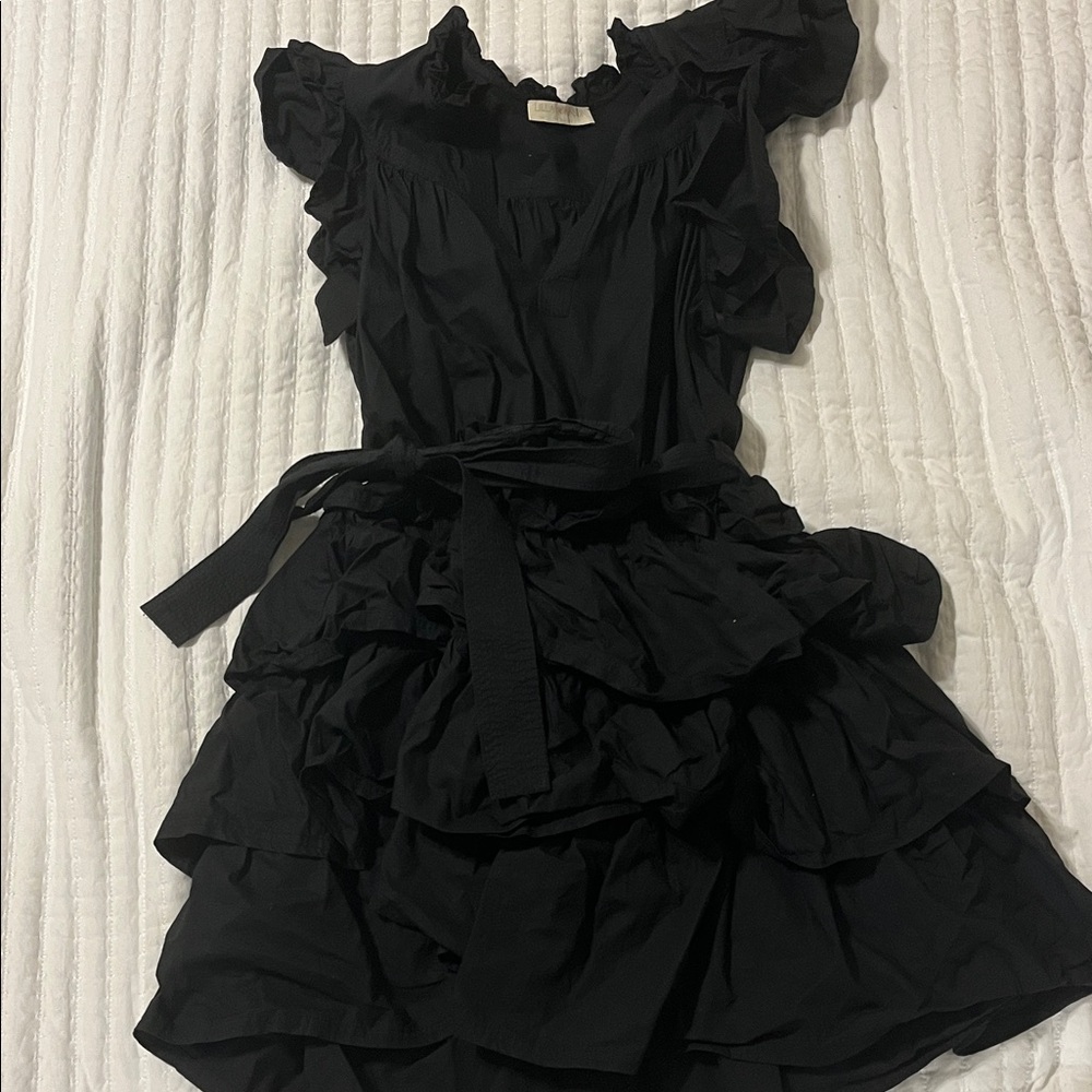 Womens Black Ruffle Tiered Dress with Belt
